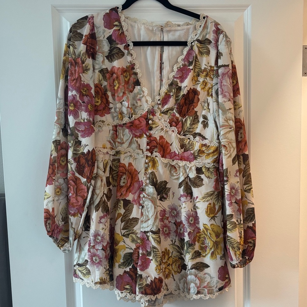 Floral Lace-Trim V-Neck Peasant Blouse - Cream with Pink & Rust Floral